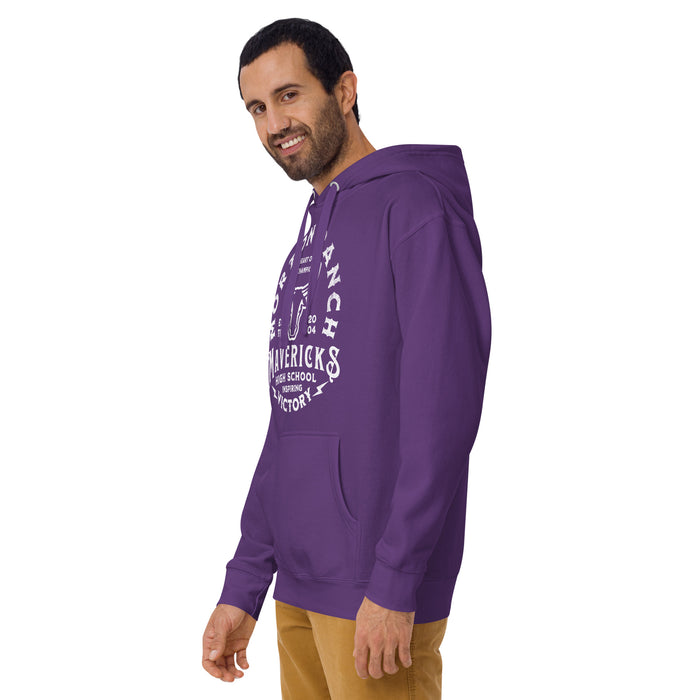 Man wearing a Morton Ranch High School Mavericks Premium Purple Hoodie 219