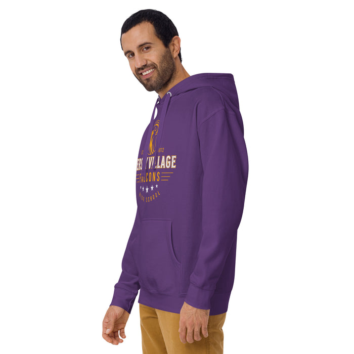 Man wearing a Jersey Village High School Falcons Premium Purple Hoodie 215