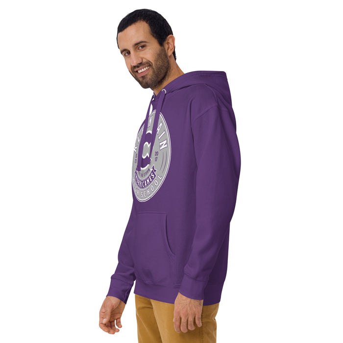 Man wearing Klein Cain High School Hurricanes Purple Premium Unisex Hoodie 215