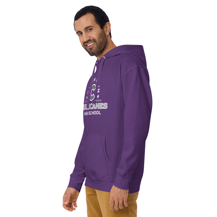 Man wearing Klein Cain High School Hurricanes Purple Premium Unisex Hoodie 222