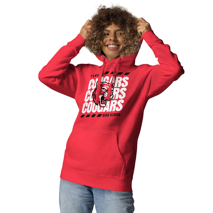 Woman wearing Tomball High School Cougars Red Premium Unisex Hoodie 223