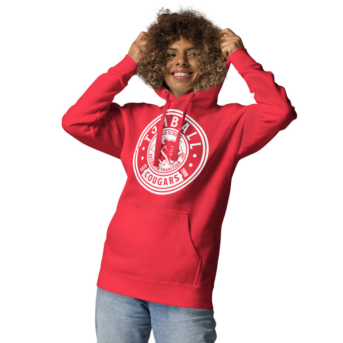 Woman wearing Tomball High School Cougars Red Premium Unisex Hoodie 220