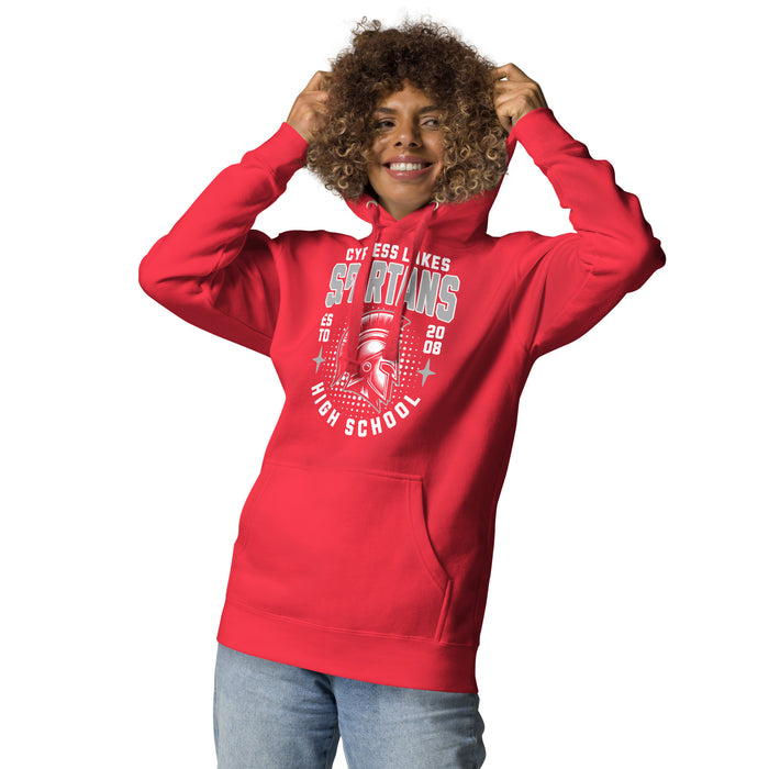 Woman wearing Cypress Lakes High School Spartans Team Red Premium Unisex Hoodies 204