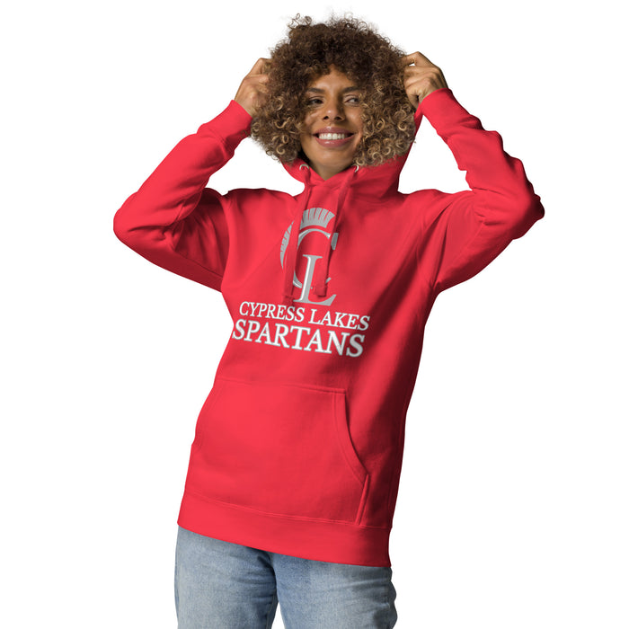 Woman wearing Cypress Lakes High School Spartans Team Red Premium Unisex Hoodie 233