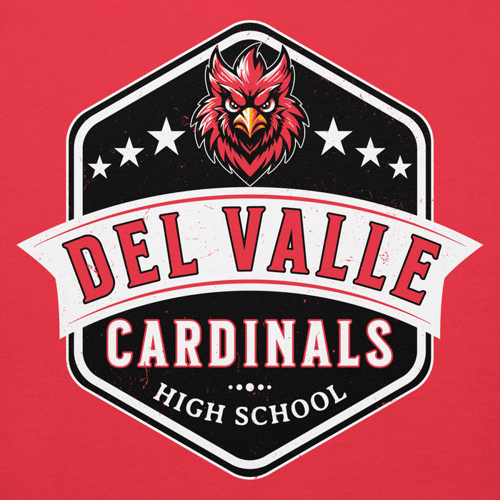 Close-up view of Del Valle High School Cardinals Red Premium Unisex Hoodie 209