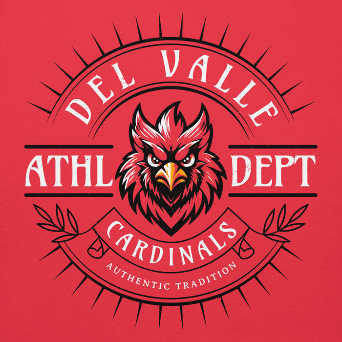 Close-up view of Del Valle High School Cardinals Red Premium Unisex Hoodie 201