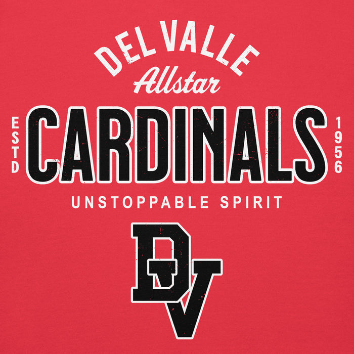 Close-up view of Del Valle High School Cardinals Red Premium Unisex Hoodie 040