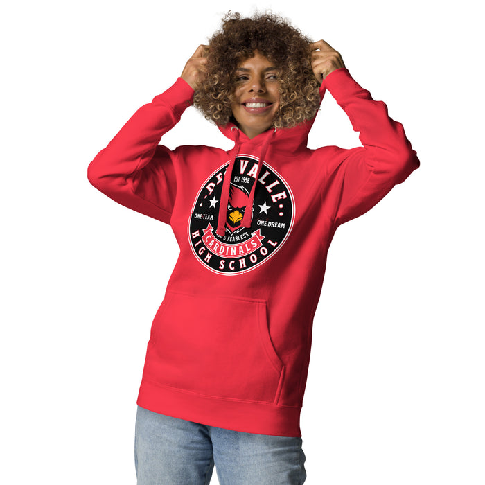 Woman wearing Del Valle High School Cardinals Red Premium Unisex Hoodie 215