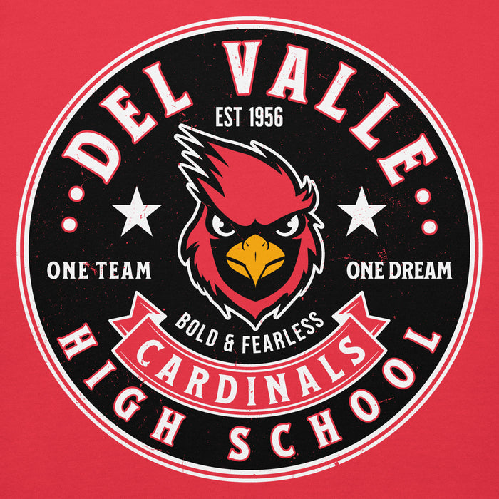 Close-up view of Del Valle High School Cardinals Red Premium Unisex Hoodie 215