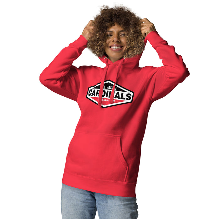 Woman wearing Del Valle High School Cardinals Red Premium Unisex Hoodie 009