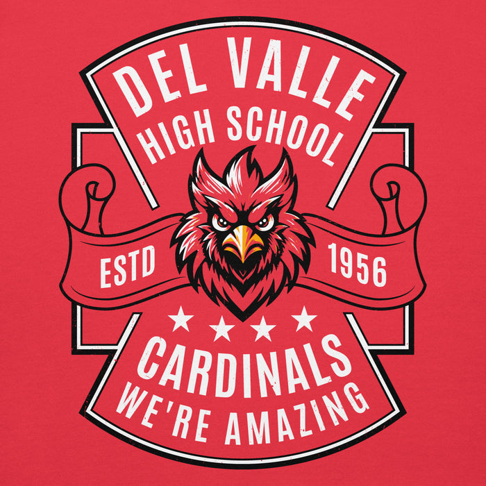 Close-up view of Del Valle High School Cardinals Red Premium Unisex Hoodie 207