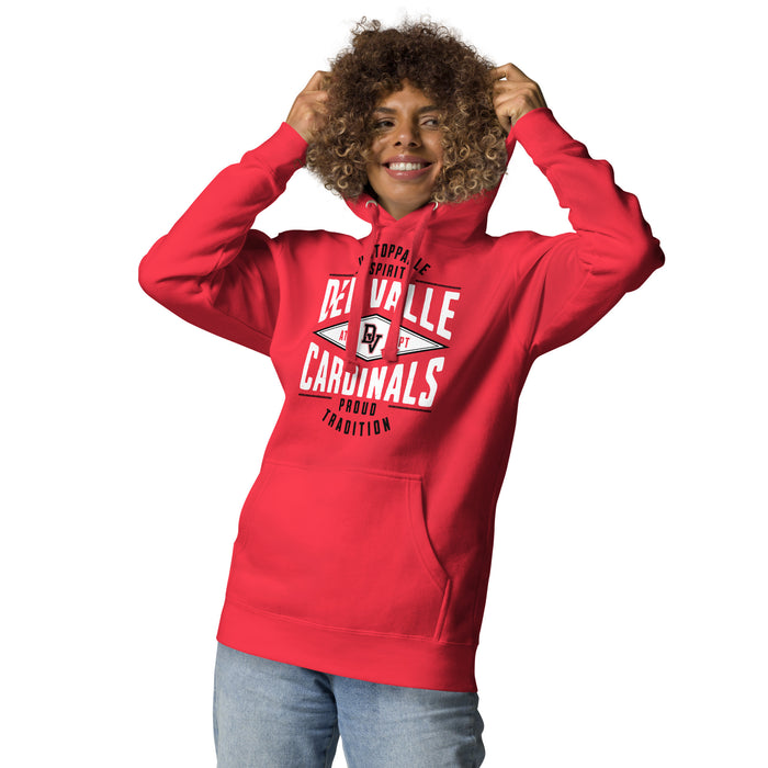 Woman wearing Del Valle High School Cardinals Red Premium Unisex Hoodie 210