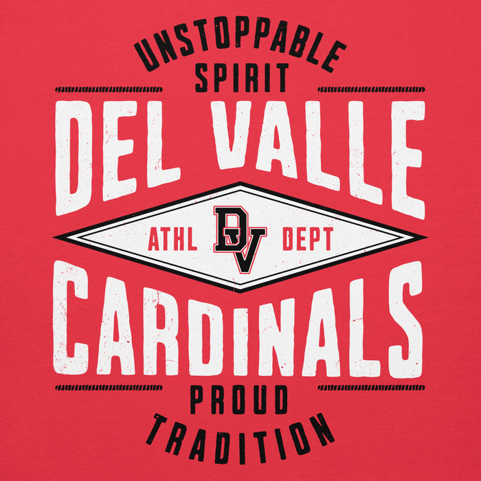 Close-up view of Del Valle High School Cardinals Red Premium Unisex Hoodie 210