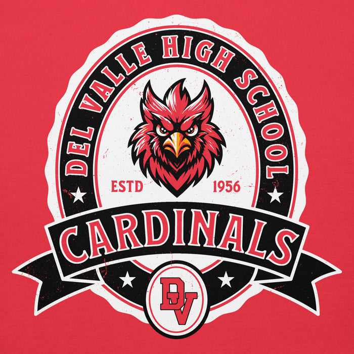 Close-up view of Del Valle High School Cardinals Red Premium Unisex Hoodie 212