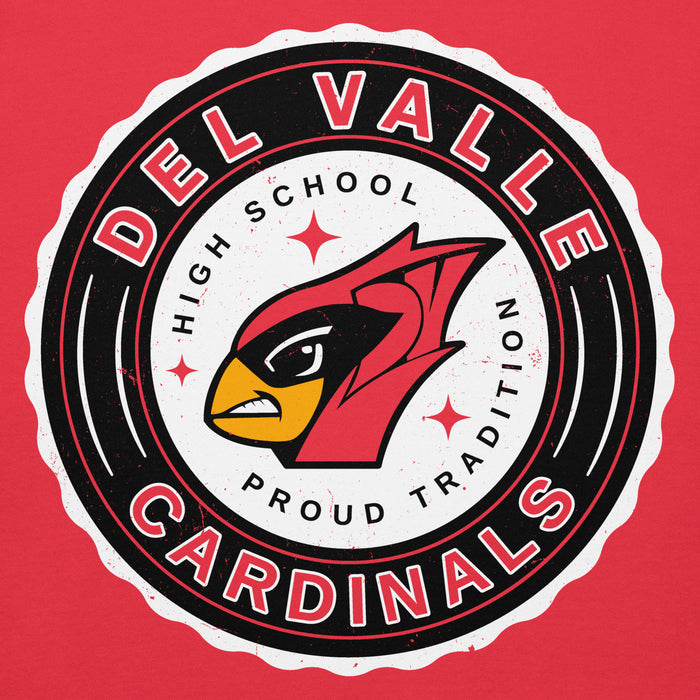 Close-up view of Del Valle High School Cardinals Red Premium Unisex Hoodie 216