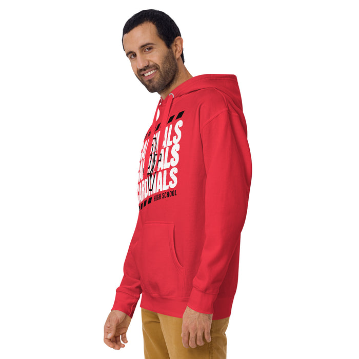 Man wearing Del Valle High School Cardinals Red Premium Unisex Hoodie 223