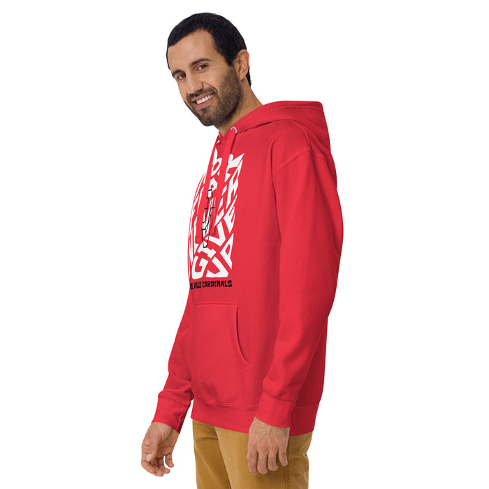 Man wearing Del Valle High School Cardinals Red Premium Unisex Hoodie 236