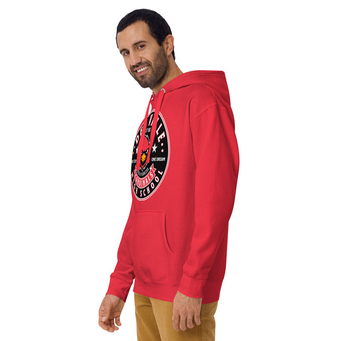 Man wearing Del Valle High School Cardinals Red Premium Unisex Hoodie 215