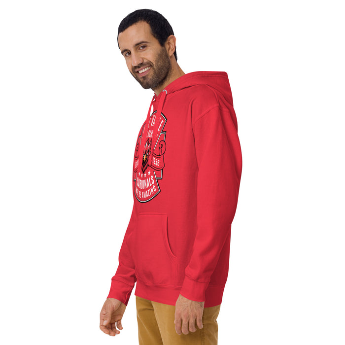 Man wearing Del Valle High School Cardinals Red Premium Unisex Hoodie 207