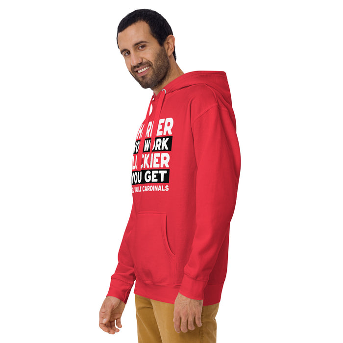 Man wearing Del Valle High School Cardinals Red Premium Unisex Hoodie 238