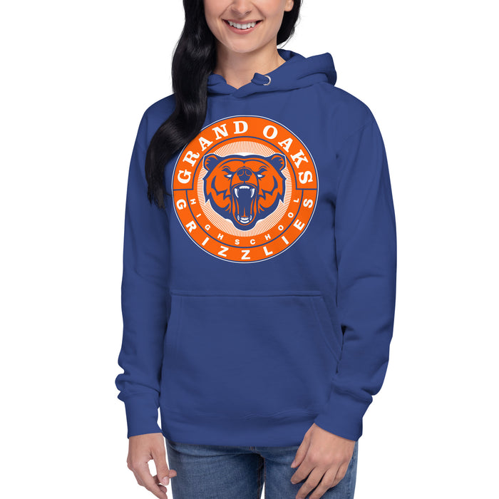 Woman wearing a Grand Oaks High School Grizzlies Premium Royal Hoodie 02