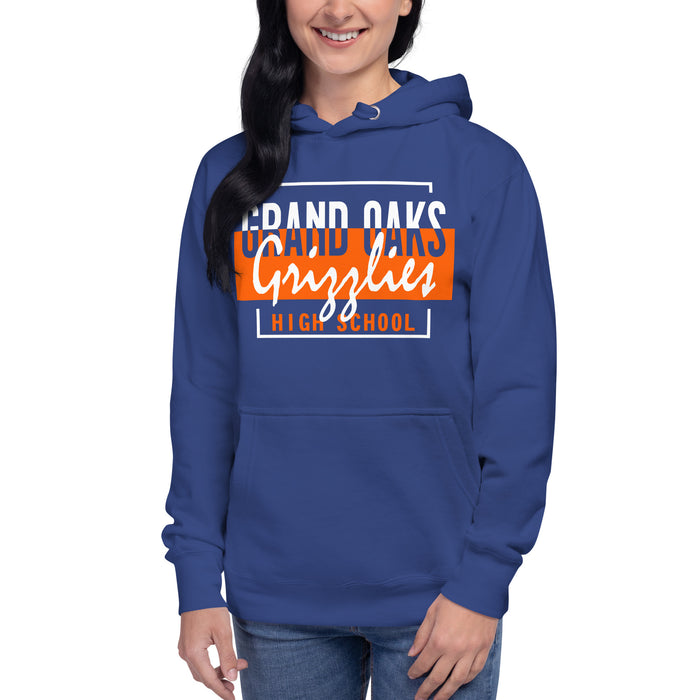 Woman wearing a Grand Oaks High School Grizzlies Premium Royal Hoodie 05