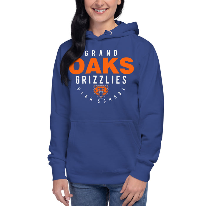 Woman wearing a Grand Oaks High School Grizzlies Premium Royal Hoodie 12