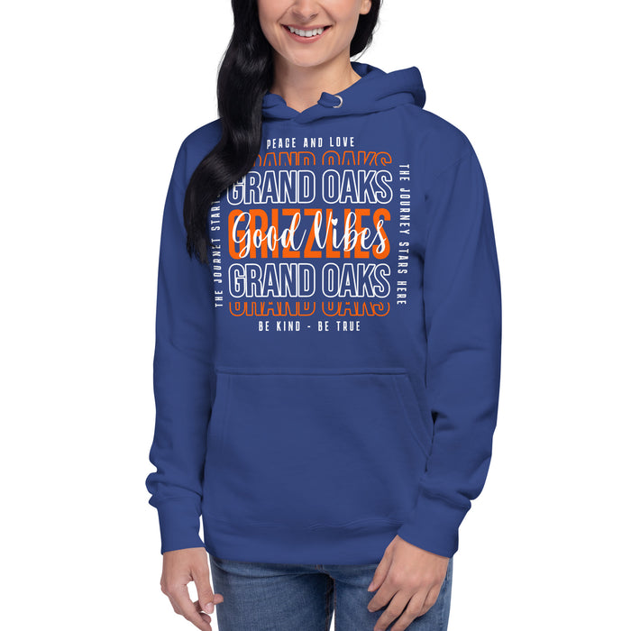 Woman wearing a Grand Oaks High School Grizzlies Premium Royal Hoodie 13