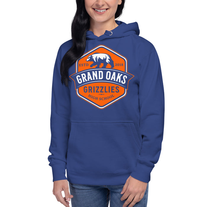 Woman wearing a Grand Oaks High School Grizzlies Premium Royal Hoodie 15