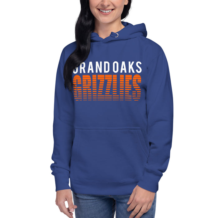 Woman wearing a Grand Oaks High School Grizzlies Premium Royal Hoodie 24