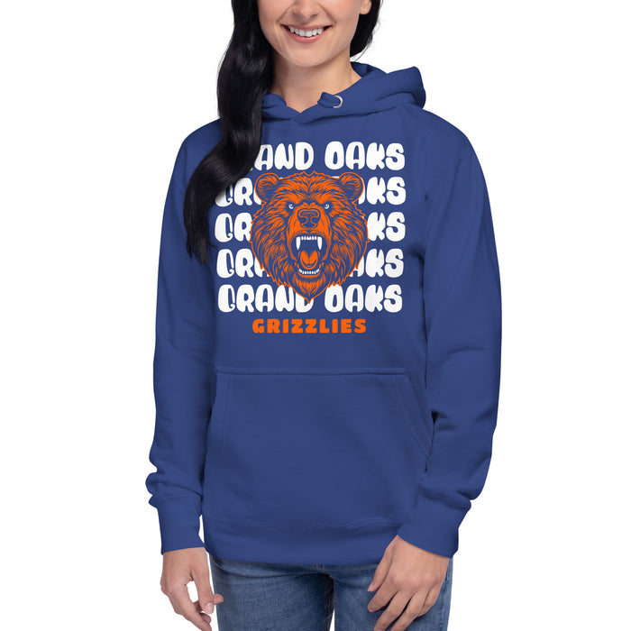 Woman wearing a Grand Oaks High School Grizzlies Premium Royal Hoodie 28