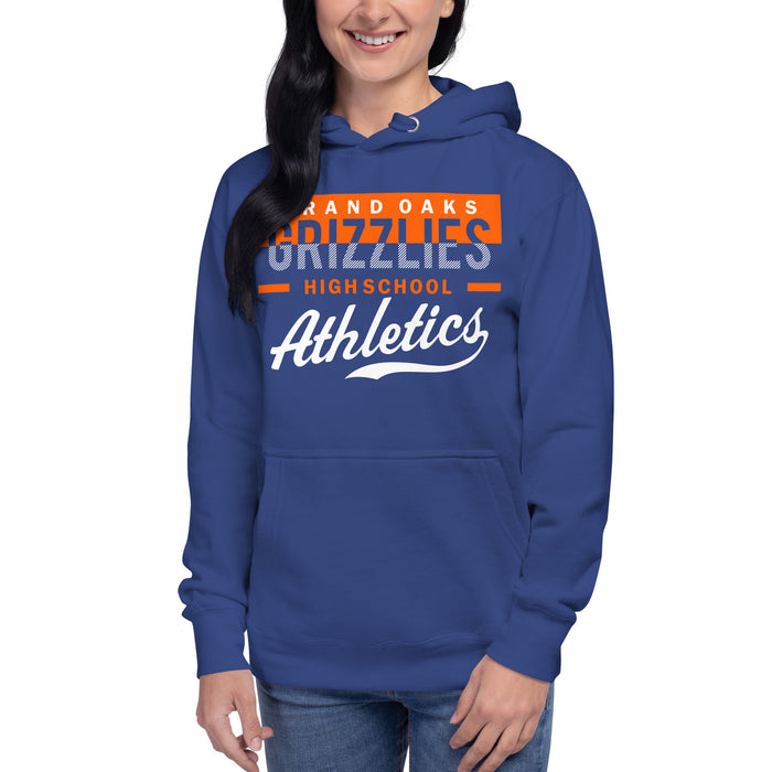 Woman wearing a Grand Oaks High School Grizzlies Premium Royal Hoodie 48