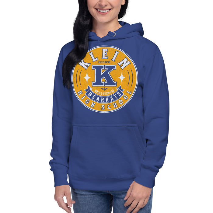 Woman wearing a Klein High School Bearkats Premium Royal Unisex Hoodie 204