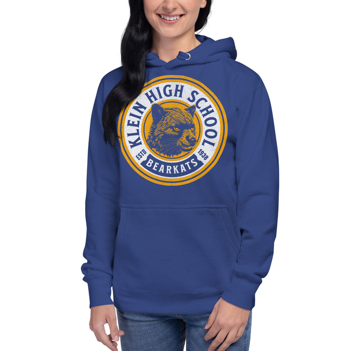 Woman wearing a Klein High School Bearkats Premium Royal Unisex Hoodie 207