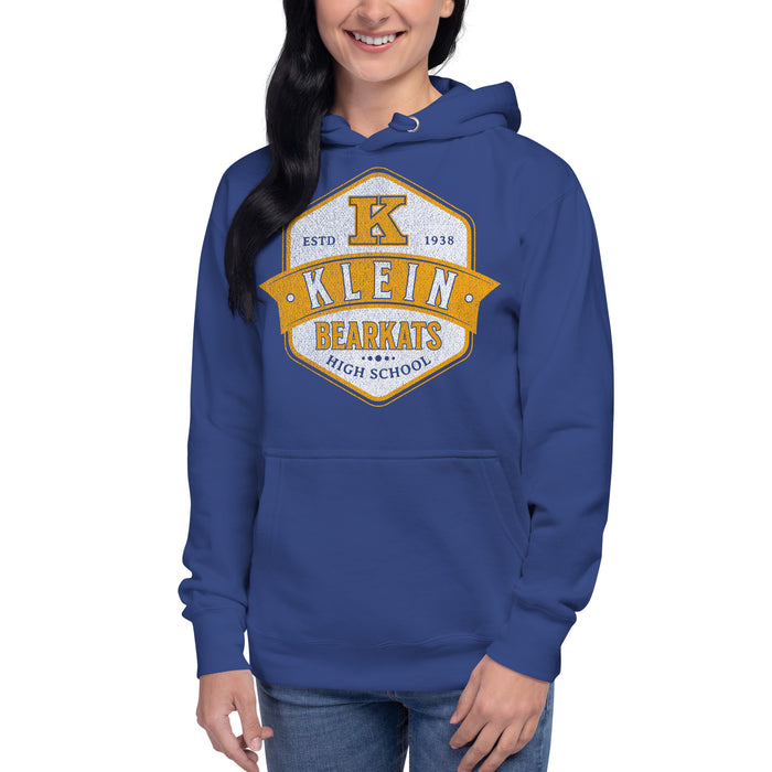 Woman wearing a Klein High School Bearkats Premium Royal Unisex Hoodie 215