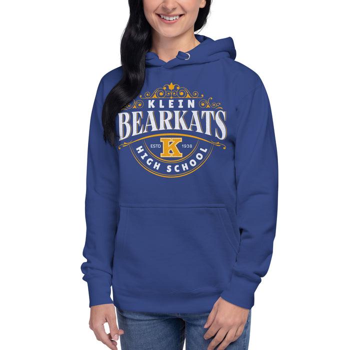 Woman wearing a Klein High School Bearkats Premium Royal Unisex Hoodie 217