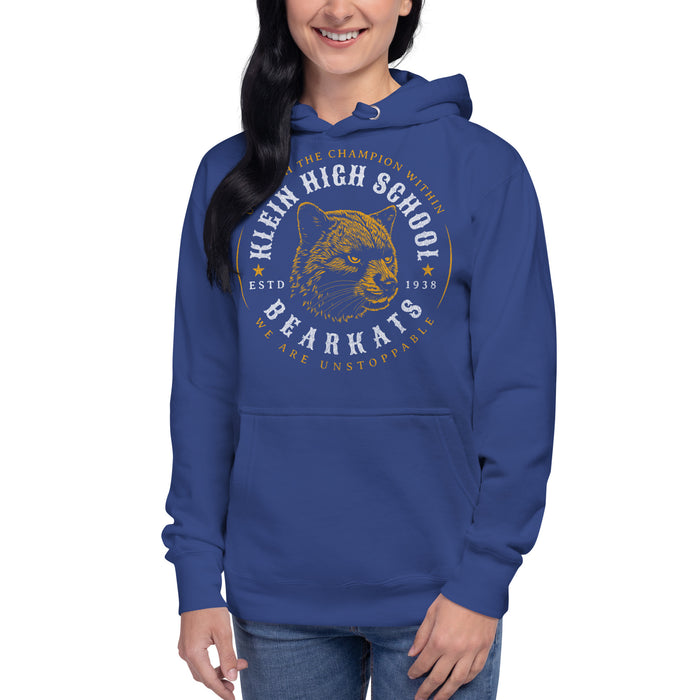 Woman wearing a Klein High School Bearkats Premium Royal Unisex Hoodie 218