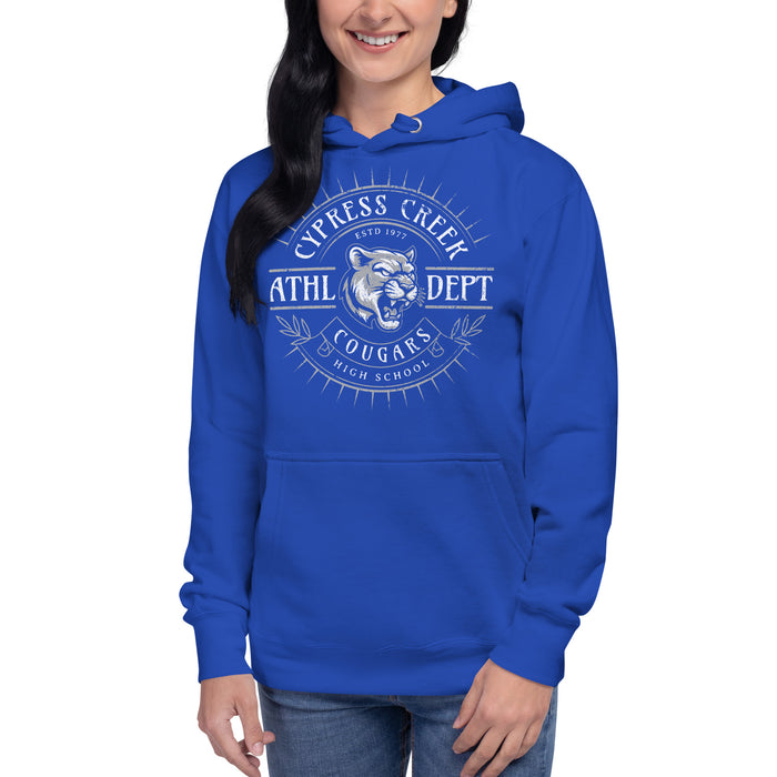 Woman wearing Cypress Creek High School Cougars Royal Blue Premium Unisex Hoodie 201