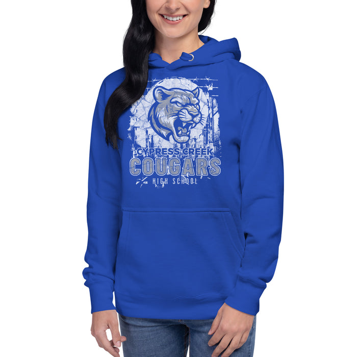 Woman wearing Cypress Creek High School Cougars Royal Blue Premium Unisex Hoodie 202