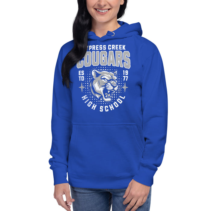 Woman wearing Cypress Creek High School Cougars Royal Blue Premium Unisex Hoodie 204