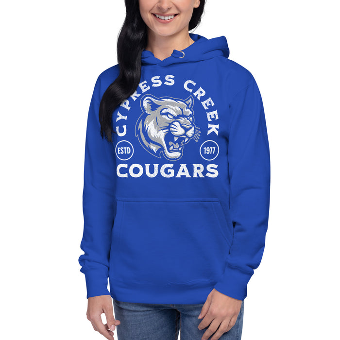 Woman wearing Cypress Creek High School Cougars Royal Blue Premium Unisex Hoodie 206