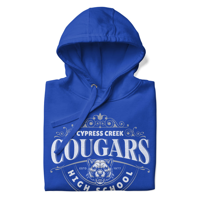 Zoomed-in View of Cypress Creek High School Cougars Royal Blue Premium Unisex Hoodie 211