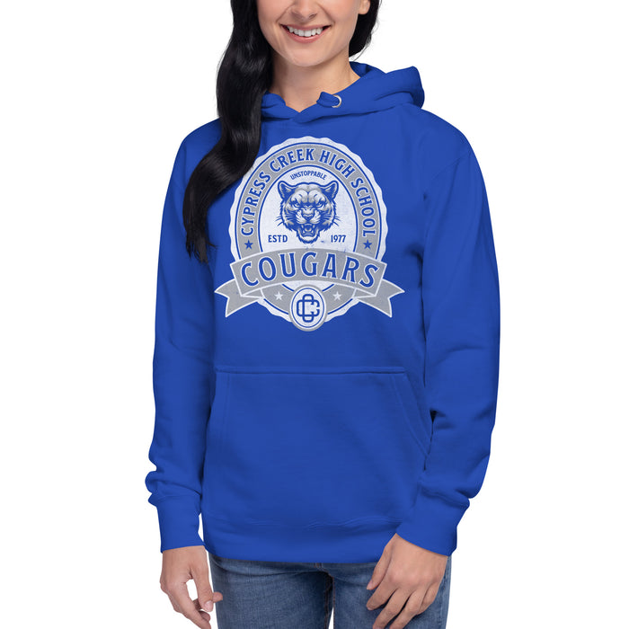 Woman wearing Cypress Creek High School Cougars Royal Blue Premium Unisex Hoodie 212