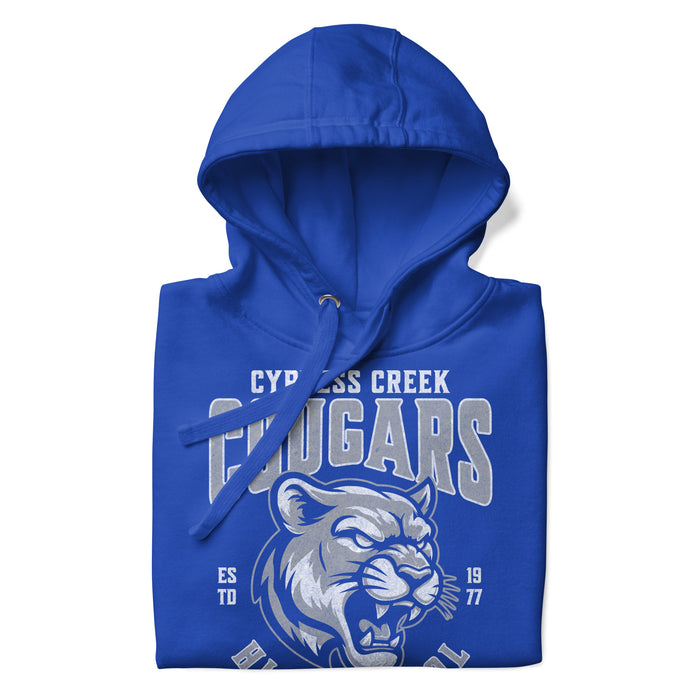 Zoomed-in view of Cypress Creek High School Cougars Royal Blue Premium Unisex Hoodie 213