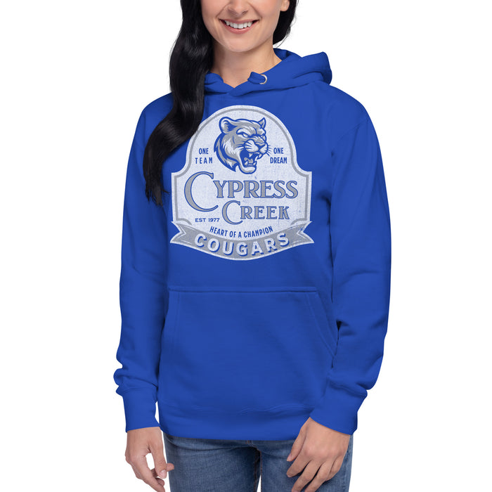 Woman wearing Cypress Creek High School Cougars Royal Blue Premium Unisex Hoodie 215