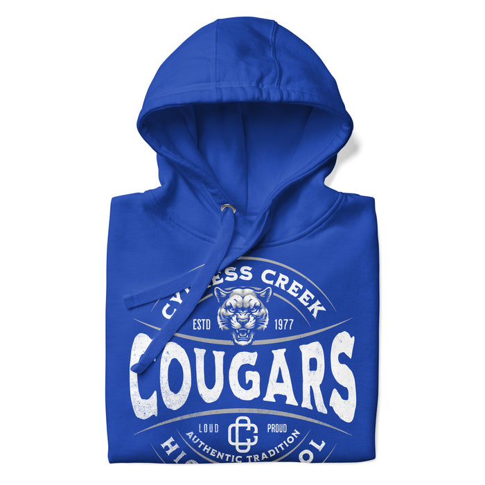 Zoomed-in view of Cypress Creek High School Cougars Royal Blue Premium Unisex Hoodie 216