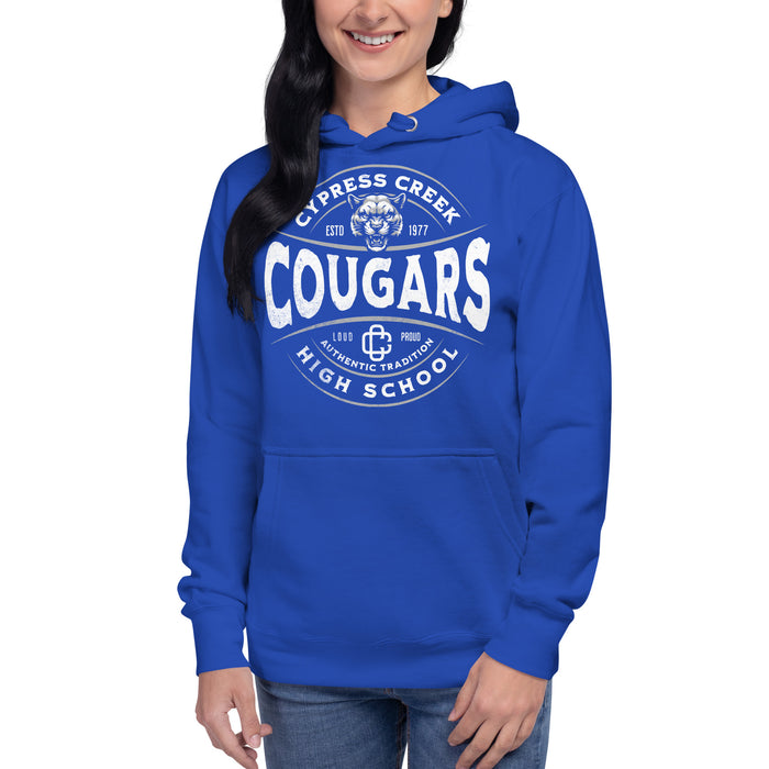 Woman wearing Cypress Creek High School Cougars Royal Blue Premium Unisex Hoodie 216