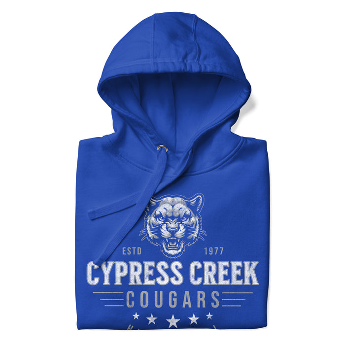 Zoomed-in view of Cypress Creek High School Cougars Royal Blue Premium Unisex Hoodie 217