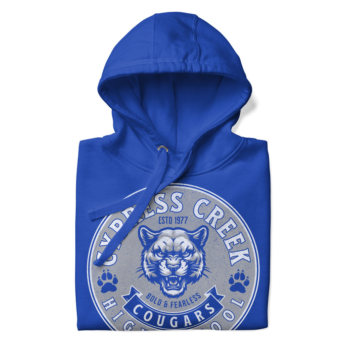 Zoomed-in view of Cypress Creek High School Cougars Royal Blue Premium Unisex Hoodie 219