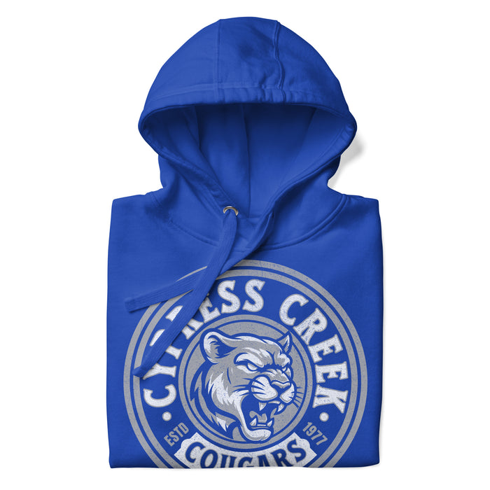 Zoomed-in view of Cypress Creek High School Cougars Royal Blue Premium Unisex Hoodie 220